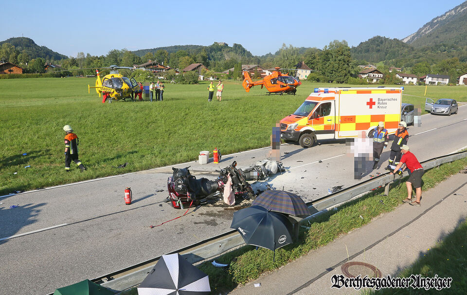Schwerer Motorrad-Unfall auf der B20 zwischen Bayerisch Gmain und Bischofswiesen