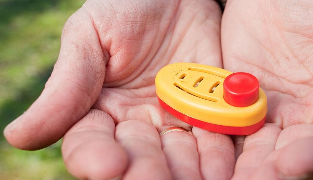 Eine Frau hält einen Clicker in den Händen