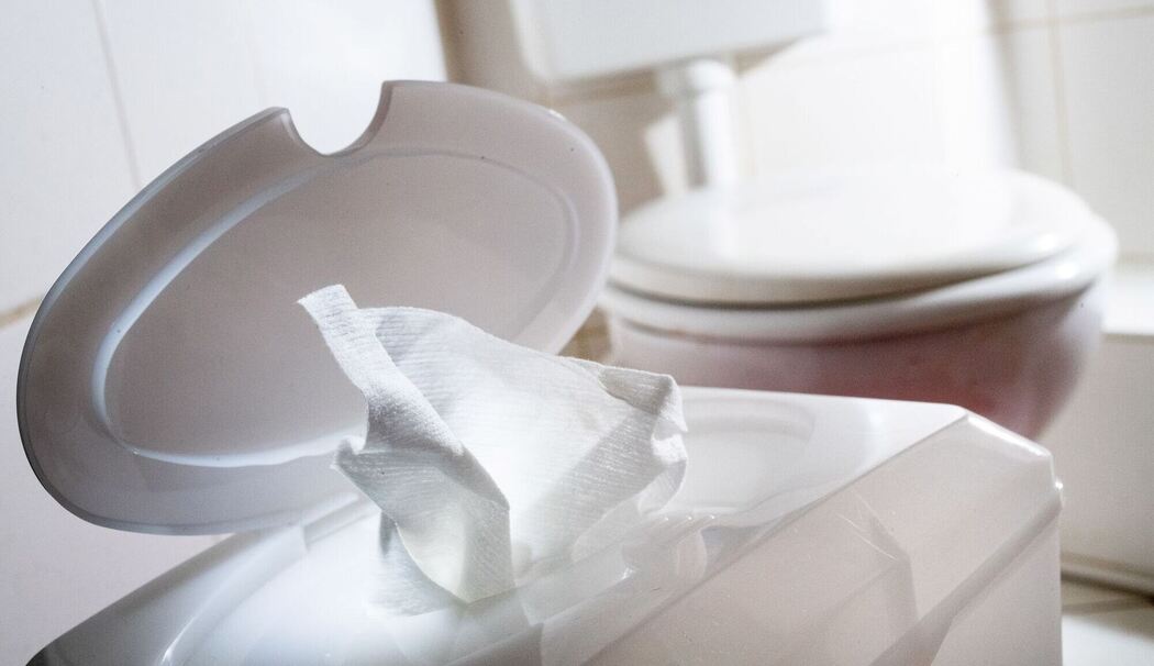Feuchttücher sind neben einer Toilette zu sehen