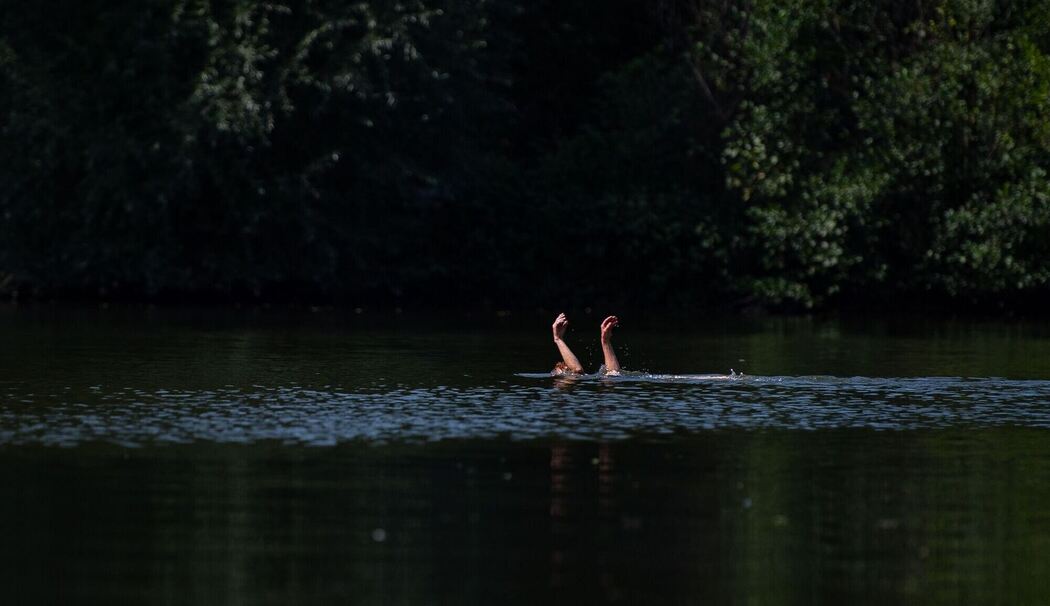 Eine Schwimmerin streckt die Hände aus dem Wasser