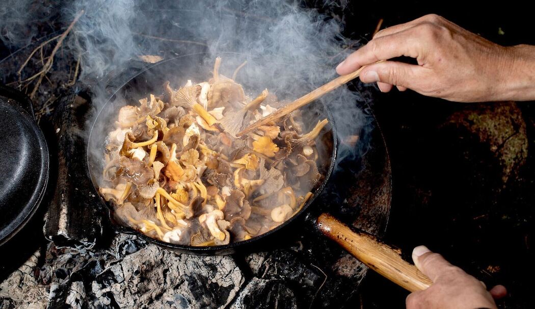 Mann brät Waldpilze wie Pfifferlinge in einer Pfanne