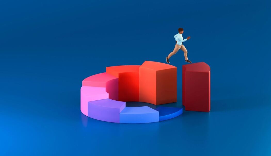 Geschäftsmann läuft 3D-Balkendiagramm hoch