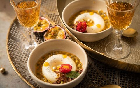 Panna Cotta in Savarin-Form, Passionsfrucht, Himbeere, Mangotupfe