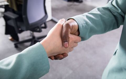 Zwei Personen reichen sich in einem Büro die Hand