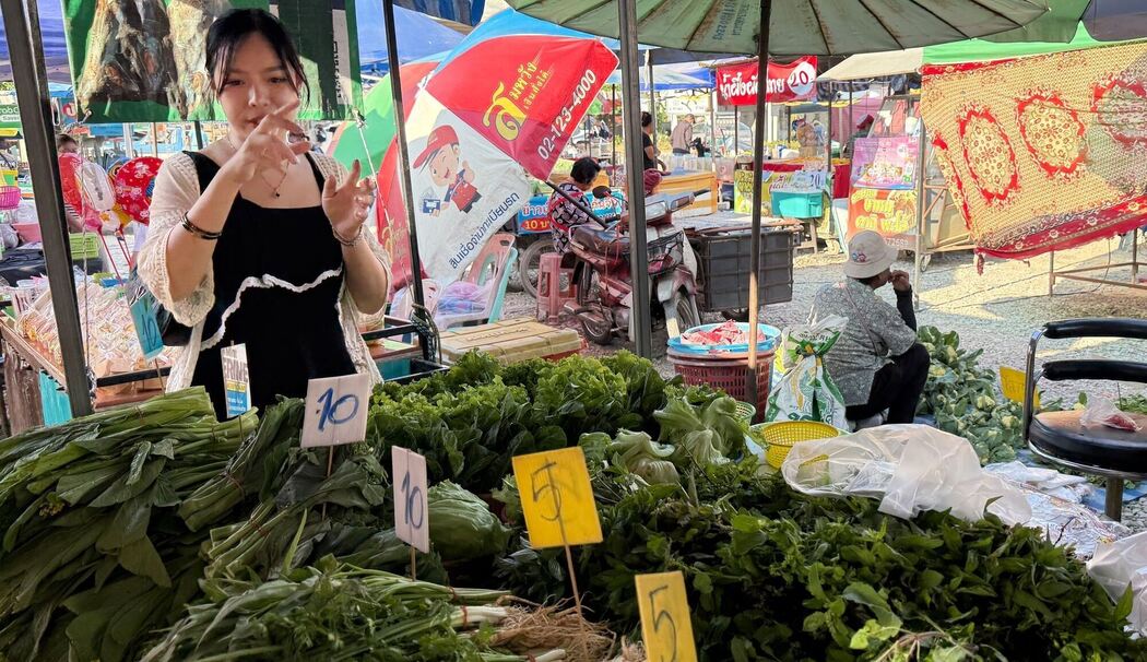 Kursleiterin Alice führt vor dem Kochkurs über den Markt Kursleiterin Alice führt vor dem Kochkurs über den Markt