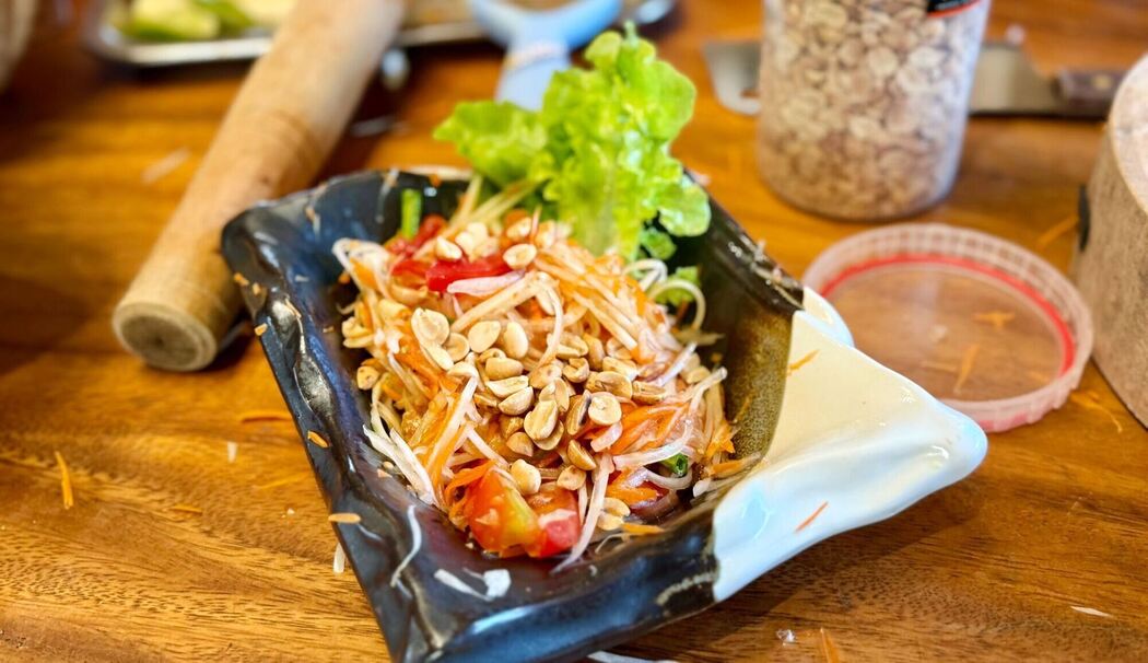 Papaya-Salat Som Tam bei einem Kochkurs in Chiang Mai Papaya-Salat Som Tam bei einem Kochkurs in Chiang Mai