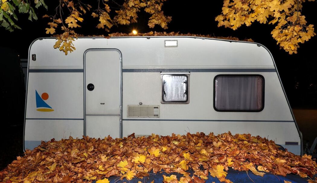 Ein Wohnwagen hinter Herbstlaub