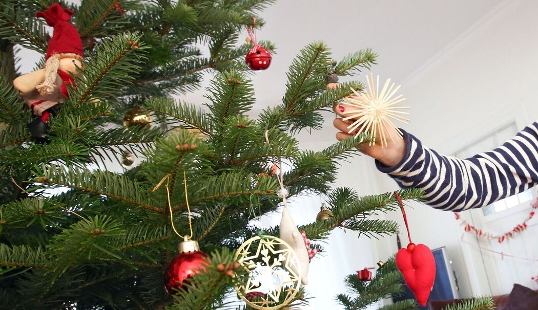 Mädchen schmückt einen Weihnachtsbaum Mädchen schmückt einen Weihnachtsbaum